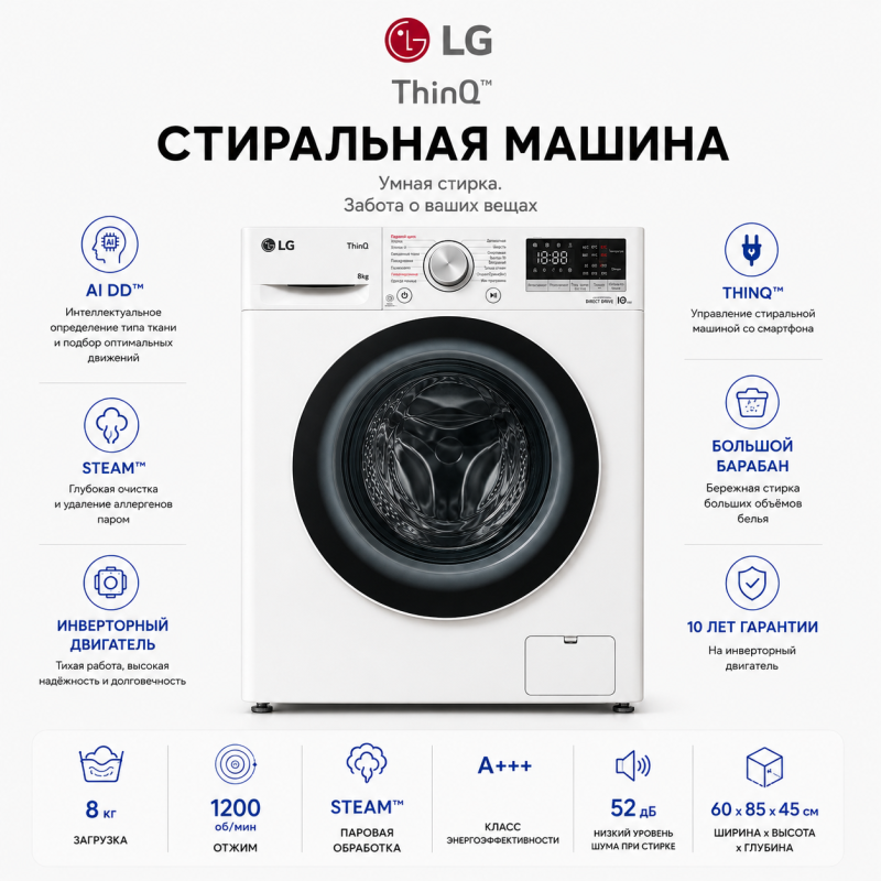 Стиральная машина LG ThinQ 8кг