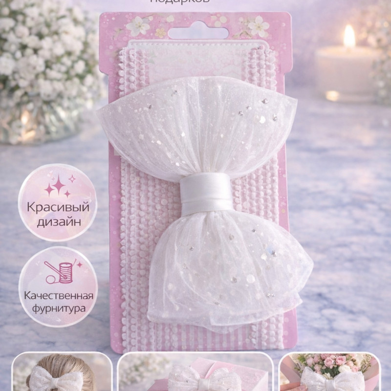 Ободок на резинке лента белая