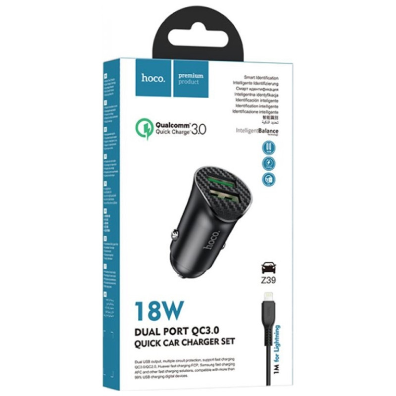 Автомобильный зарядный адаптер "HOCO Z39 QC3.0" LIGHTNING 2USB КОЛІР ЧОРНИЙ
