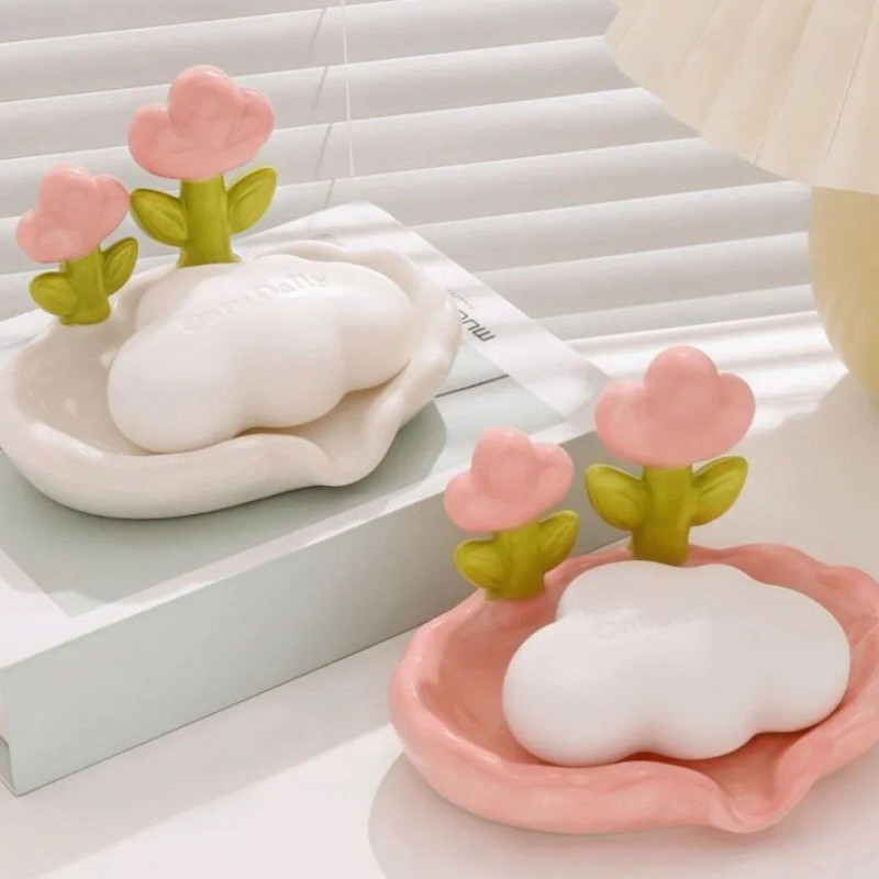 Мыльница для ванной со сливом, белая, розовая, со цветочками.