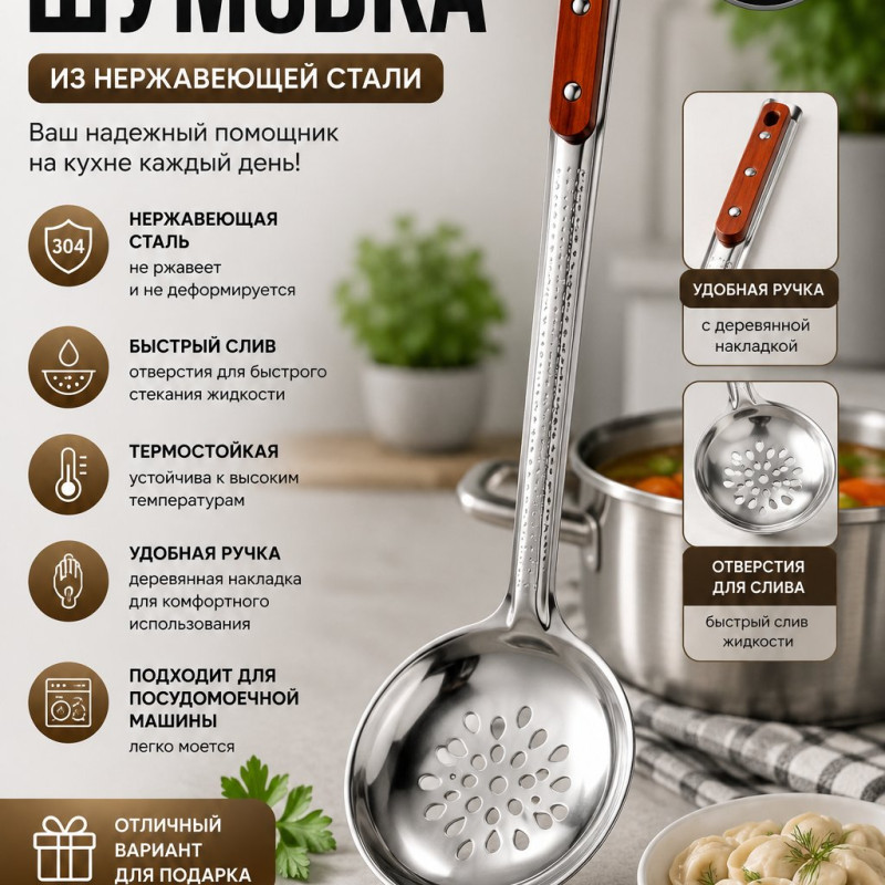 КУХОННАЯ ШУМОВКА ИЗ НЕРЖАВЕЮЩЕЙ СТАЛИ