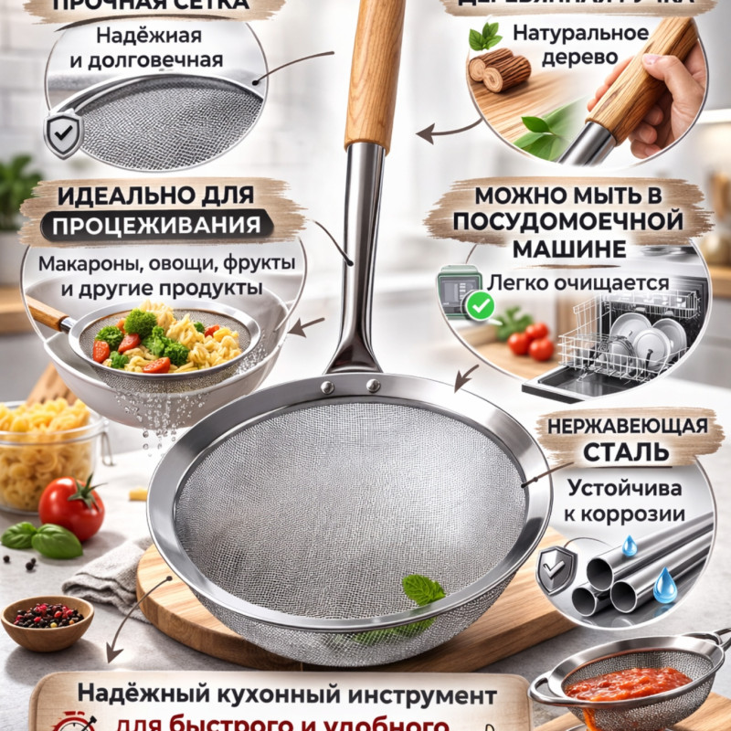Сито из нержавеющей стали с деревянной ручкой